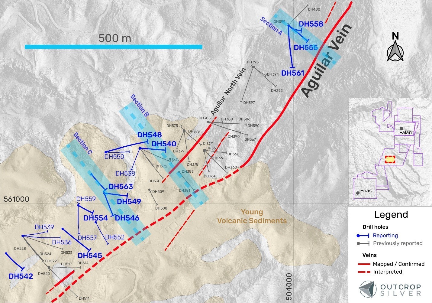 Figure 1. Plan view of the Aguilar target showing the drill holes reported in this release (Table 1) and previously reported holes (Table 2). Coordinates are in the UTM system, zone 18N, and WGS84 projection. (CNW Group/Outcrop Silver & Gold Corporation) Figure 1. Plan view of the Aguilar target showing the drill holes reported in this release (Table 1) and previously reported holes (Table 2). Coordinates are in the UTM system, zone 18N, and WGS84 projection. (CNW Group/Outcrop Silver & Gold Corporation)