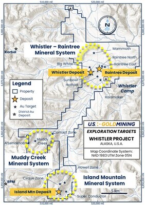 Figure 1 The Whistler Project, containing three gold ± copper ± silver mineral systems:  Whistler – Raintree, which contains the currently delineated Whistler and Raintree deposits; Island Mountain which contains the namesake gold deposit and several additional undrilled targets; and Muddy Creek which holds potential for discovery of an intrusive related gold system. (CNW Group/GoldMining Inc.)