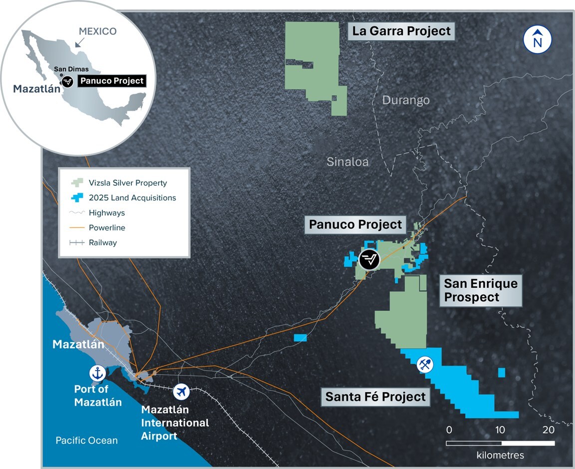 Figure 1: The Panuco Project in Sinaloa, Mexico grew by 14,607 ha in 2025 (blue claims). (CNW Group/Vizsla Silver Corp.) Figure 1: The Panuco Project in Sinaloa, Mexico grew by 14,607 ha in 2025 (blue claims). (CNW Group/Vizsla Silver Corp.)