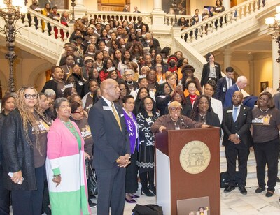 Helen Butler, convener of the Georgia Black Women’s Roundtable, addresses hundreds of representatives from women’s organizations during a press conference at the Georgia State Capitol on the first day of the 2026 legislative session, declaring that Black women are united, unapologetic, and unstoppable.