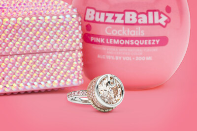 Set inside a custom, bedazzled mini BuzzBallz mold modeled after the Pink Lemonsqueezy container, the 9-carat lab-grown pink diamond delivers show-stopping shine.