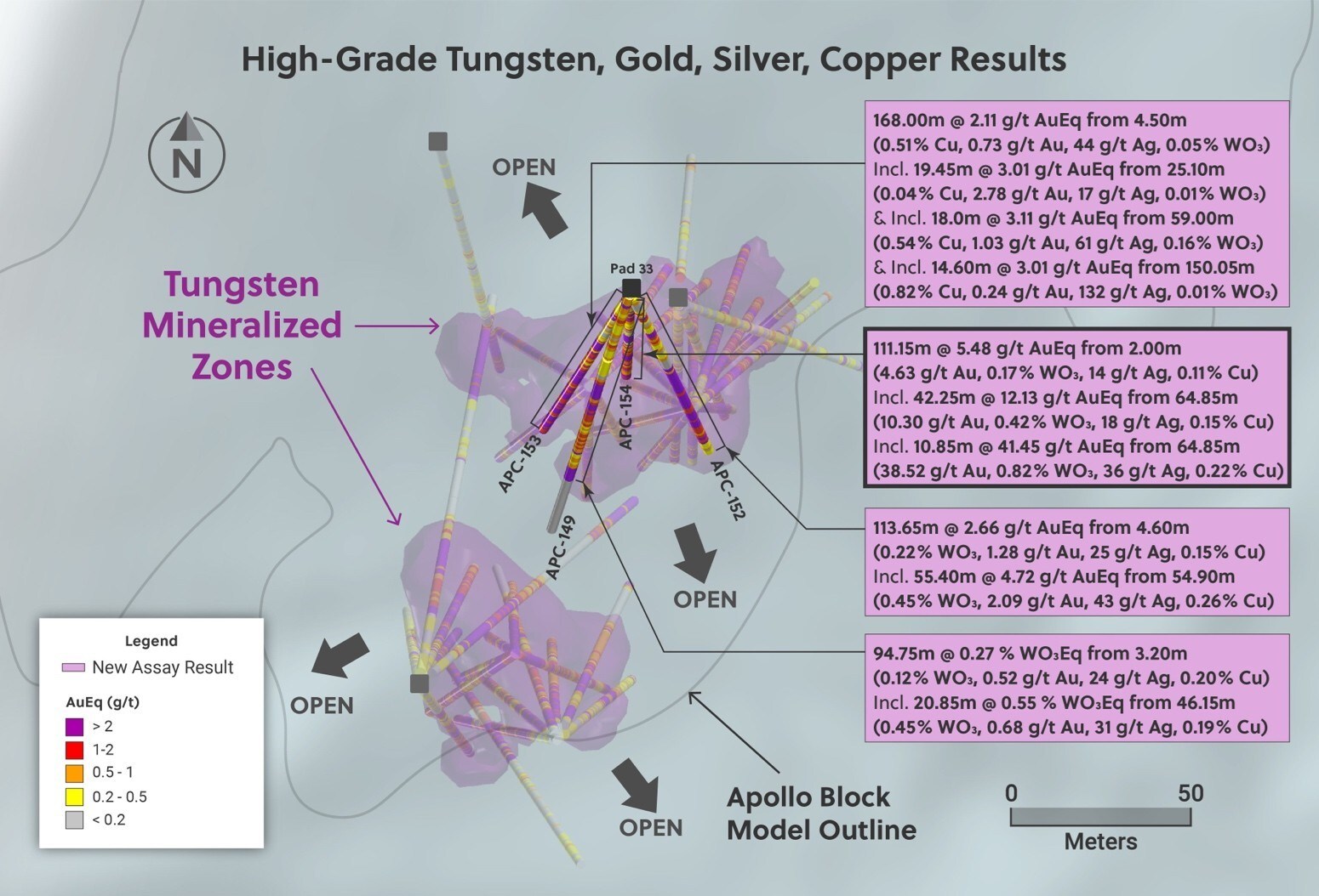 Figure 1: Plan View of the Apollo System Highlighting Drill Holes Announced in this Release from the Tungsten Rich Zones at the Top of the Apollo System (CNW Group/Collective Mining Ltd.) Figure 1: Plan View of the Apollo System Highlighting Drill Holes Announced in this Release from the Tungsten Rich Zones at the Top of the Apollo System (CNW Group/Collective Mining Ltd.)