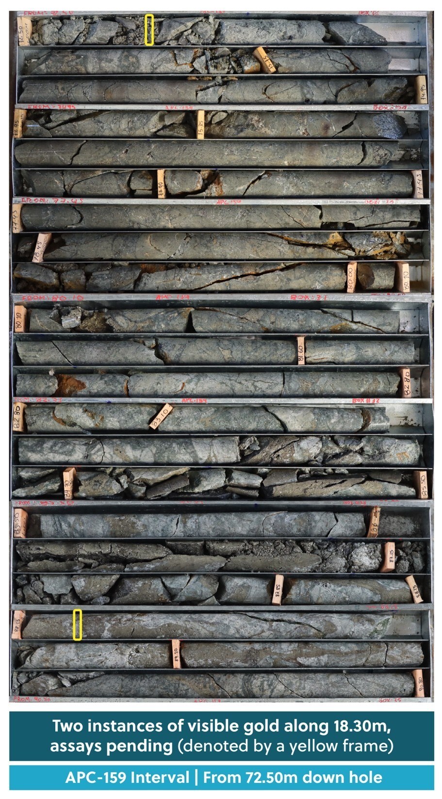 Figure 4: Drill Core from Hole APC-159. Two Individual Instances of Visible Gold Over 18.30 Metres from 72.50 Metres Down Hole; Pending Assay Results (CNW Group/Collective Mining Ltd.) Figure 4: Drill Core from Hole APC-159. Two Individual Instances of Visible Gold Over 18.30 Metres from 72.50 Metres Down Hole; Pending Assay Results (CNW Group/Collective Mining Ltd.)