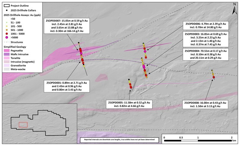 Figure 1 – Plan map of Opinaca drilling with highlights from this press release (CNW Group/Targa Exploration Corp.) Figure 1 – Plan map of Opinaca drilling with highlights from this press release (CNW Group/Targa Exploration Corp.)