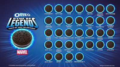 The MARVEL OREO Stuf of Legends Cookies feature 32 unique embossments—the most ever dropped at once—spanning Marvel’s Avengers, Spider-Man, X-Men, and Fantastic Four (designs included may vary).