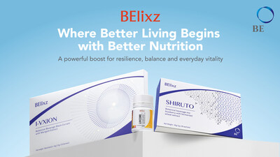 BElixz product line featuring SHIRUTO, LIVCORE, and I-VXION against a light blue background with the tagline "Where Better Living Begins with Better Nutrition"