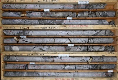 Figure 5: Abundant, large, and near-inclusion free spodumene crystals in drill hole CV25-1017A from the Vega Zone at the CV13 Pegmatite. Core grades 7.0 m at 6.04% Li2O (from 150.3 m to 157.3 m) within a wider mineralized interval of 24.7 m at 4.00% Li2O (146.0 m to 170.7 m). (CNW Group/PMET Resources Inc.) Figure 5: Abundant, large, and near-inclusion free spodumene crystals in drill hole CV25-1017A from the Vega Zone at the CV13 Pegmatite. Core grades 7.0 m at 6.04% Li2O (from 150.3 m to 157.3 m) within a wider mineralized interval of 24.7 m at 4.00% Li2O (146.0 m to 170.7 m). (CNW Group/PMET Resources Inc.)