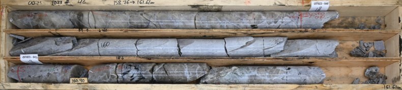 Figure 4: Massive and near-inclusion free spodumene in drill hole CV25-1023 from the Vega Zone at the CV13 Pegmatite. Core grades 1.1 m at 7.32% Li2O (from 159.6 m to 160.7 m) within a wider mineralized interval of 31.2 m at 2.07% Li2O (133.4 m to 164.6 m). At 7.32% Li2O, this is the second highest grade of lithium returned from an individual core sample collected to date at the Property. (CNW Group/PMET Resources Inc.) Figure 4: Massive and near-inclusion free spodumene in drill hole CV25-1023 from the Vega Zone at the CV13 Pegmatite. Core grades 1.1 m at 7.32% Li2O (from 159.6 m to 160.7 m) within a wider mineralized interval of 31.2 m at 2.07% Li2O (133.4 m to 164.6 m). At 7.32% Li2O, this is the second highest grade of lithium returned from an individual core sample collected to date at the Property. (CNW Group/PMET Resources Inc.)