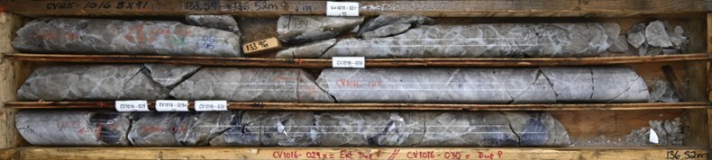 Figure 2: Massive spodumene in drill hole CV25-1016 from the Vega Zone at the CV13 Pegmatite. Core grades 0.7 m at 7.71% Li2O (from 135.0 m to 135.7 m) within a wider mineralized interval of 49.7 m at 2.08% Li2O (119.4 m to 169.1 m). At 7.71% Li2O, this is the highest grade of lithium returned from an individual core sample collected to date at the Property. (CNW Group/PMET Resources Inc.) Figure 2: Massive spodumene in drill hole CV25-1016 from the Vega Zone at the CV13 Pegmatite. Core grades 0.7 m at 7.71% Li2O (from 135.0 m to 135.7 m) within a wider mineralized interval of 49.7 m at 2.08% Li2O (119.4 m to 169.1 m). At 7.71% Li2O, this is the highest grade of lithium returned from an individual core sample collected to date at the Property. (CNW Group/PMET Resources Inc.)