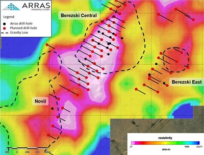 Figure 5: Berezski Central and Berezski East Target with completed and planned drill-holes overlain on MT data at 340m depth. (CNW Group/Arras Minerals Corp.)