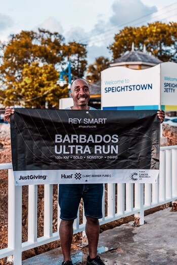 Rey on Speightstown Jetty after the day before running over 100km around Barbardos