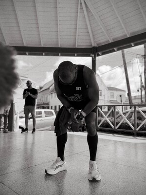Rey Smart at the Speightstown Bandstand after running over 100km around Barbados