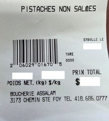 Pistaches non salées (Groupe CNW/Ministère de l'Agriculture, des Pêcheries et de l'Alimentation)