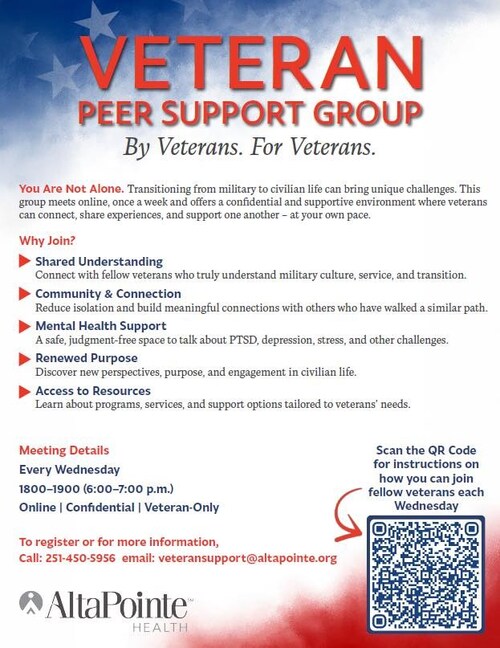 AltaPointe Health is launching a new weekly online Veteran Peer Support Group designed to help veterans navigate the transition from military to civilian life in a safe, confidential, and supportive environment.