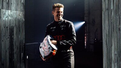 Nico Hulkenberg holding his helmet at the Audi Revolut F1 Team launch in Berlin, January 2026. Credit: Audi F1 Team.
