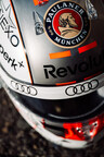 Close-up shot of Nico Hulkenberg's 2026 Audi Revolut F1 Team race helmet.