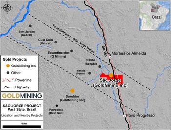Figure 1  Tapajós Gold District and location of the São Jorge Project. (CNW Group/GoldMining Inc.)