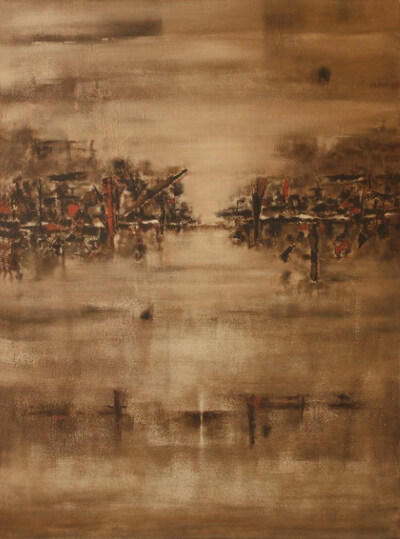 V. S. Gaitonde’s rare abstract masterpiece invites a state of profound meditation, where layered surfaces and silent tonal shifts transcend visual art to become an experience of pure inner stillness.