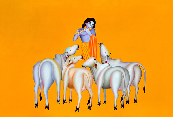 Manjit Bawa’s 1998 masterpiece from his Krishna series, captures a meditative harmony through its iconic ochre backdrop and sculptural simplicity.