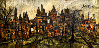 F.N. Souza’s architectural cityscape channels raw, brooding intensity through sharp angles and visceral textures, transforming a medieval-inspired vista into a powerful psychological landscape.