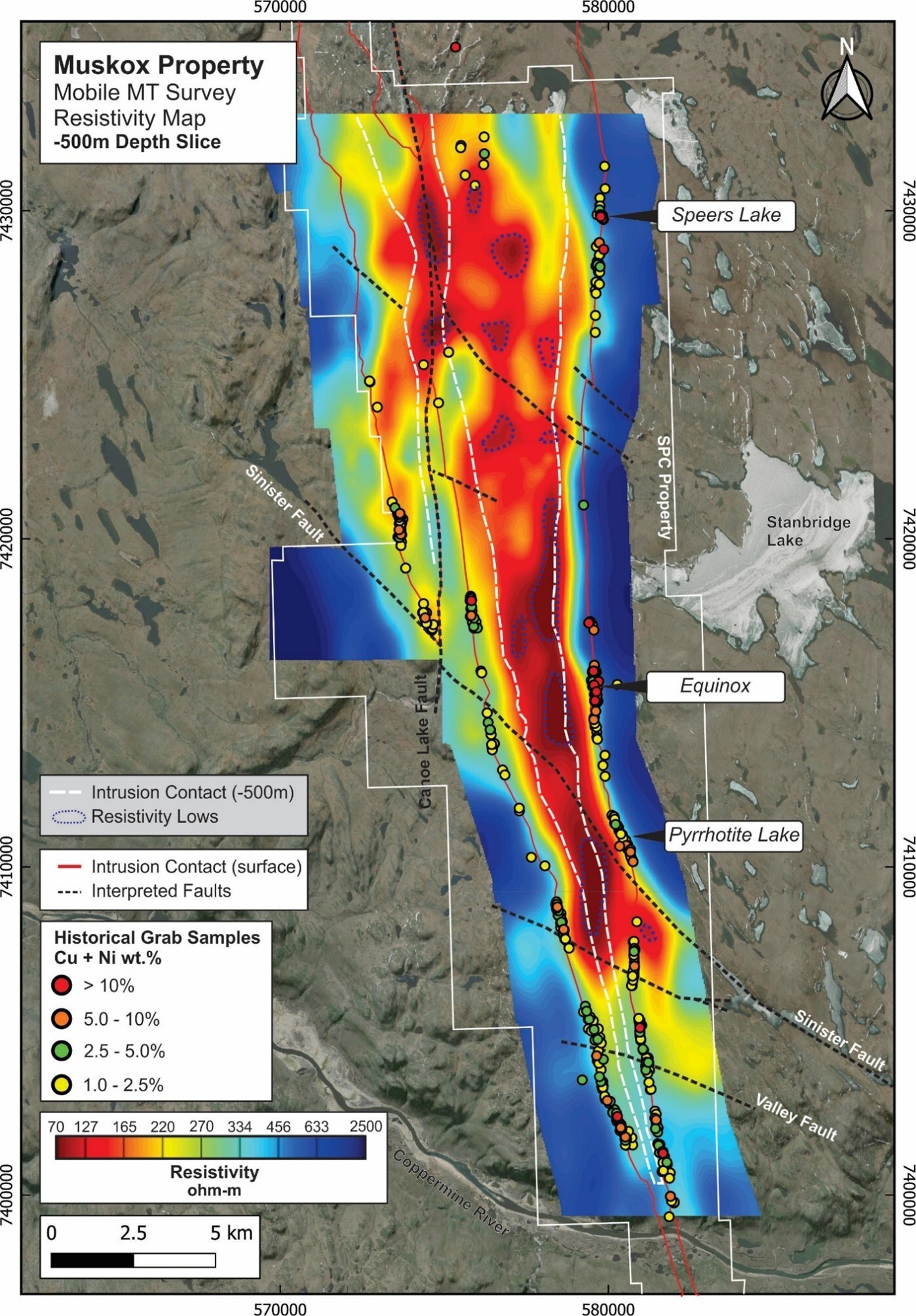 Figure 2: Muskox MMT Imagery (Resistivity Map) -500 metre depth slice overlaying historical surface grab samples, major structures, interpreted Muskox geological contact at -500 metres, modeled zones of low resistivity and the Company’s current property positiion. Grab samples are selective in nature and are not representative of the overall mineralized system. (CNW Group/SPC Nickel Corp.) Figure 2: Muskox MMT Imagery (Resistivity Map) -500 metre depth slice overlaying historical surface grab samples, major structures, interpreted Muskox geological contact at -500 metres, modeled zones of low resistivity and the Company’s current property positiion. Grab samples are selective in nature and are not representative of the overall mineralized system. (CNW Group/SPC Nickel Corp.)