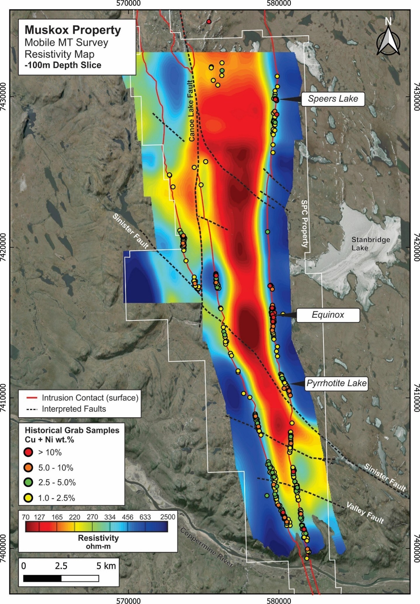 Figure 1: Muskox MMT Imagery (Resistivity Map) -100 metre depth slice overlaying historical surface grab samples, major structures, surface geological conact of the Muskox Intrusion and the Company’s current property position. Grab samples are selective in nature and are not representative of the overall mineralized system. (CNW Group/SPC Nickel Corp.) Figure 1: Muskox MMT Imagery (Resistivity Map) -100 metre depth slice overlaying historical surface grab samples, major structures, surface geological conact of the Muskox Intrusion and the Company’s current property position. Grab samples are selective in nature and are not representative of the overall mineralized system. (CNW Group/SPC Nickel Corp.)