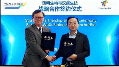 Dr. Chris Chen (right), CEO of WuXi Biologics, and Dr. Scott Liu (left), Founder, Chairman, and CEO of HanchorBio, signed the partnership agreement Dr. Chris Chen (right), CEO of WuXi Biologics, and Dr. Scott Liu (left), Founder, Chairman, and CEO of HanchorBio, signed the partnership agreement