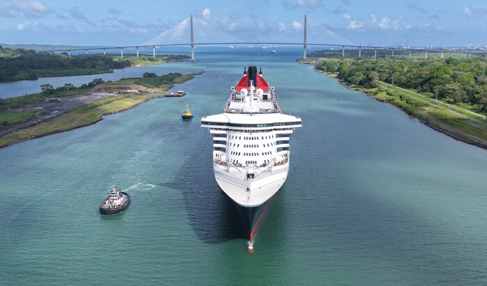 Queen Mary 2 completed her transit through the new locks of the Panama Canal for the first time this weekend.