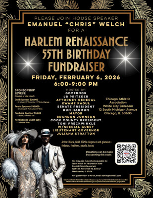 The celebration will be hosted by Governor JB Pritzker, Attorney General Kwame Raoul, Senate President Don Harmon, Chicago Mayor Brandon Johnson, and Cook County Board President Toni Preckwinkle, with a special appearance by Lieutenant Governor Juliana Stratton. The celebration will be hosted by Governor JB Pritzker, Attorney General Kwame Raoul, Senate President Don Harmon, Chicago Mayor Brandon Johnson, and Cook County Board President Toni Preckwinkle, with a special appearance by Lieutenant Governor Juliana Stratton.