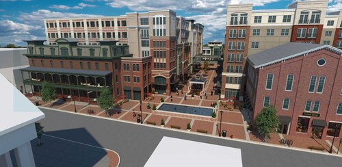 Urban renewal built on Penetron: This rendering shows Flemington’s totally renovated Union Hotel with a restaurant and bar, the adjacent 206 rental apartments, and ground floor retail spaces.