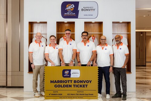 L-R: Andrew Watson – Chief Commercial Officer, EMEA, Marriott International; John Toomey – Chief Commercial Officer, APEC, Marriott International; Kevin Pietersen & Ravi Shastri – Globally renowned cricketers; Neeraj Govil – Chief Operating Officer, APEC, Marriott International; and Kiran Andicot – Sr. Vice President, South Asia, Marriott International.