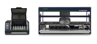 The nRichDX Revolution Sample Prep Plus Processor for liquid biopsy (left) shown with the Hamilton Microlab STAR liquid handling platform (right). The nRichDX Revolution Sample Prep Plus Processor for liquid biopsy (left) shown with the Hamilton Microlab STAR liquid handling platform (right).