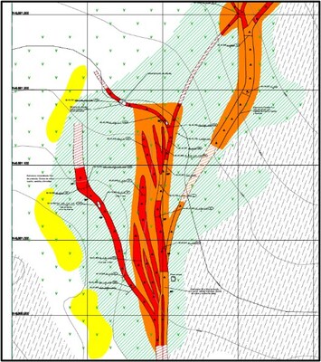 Figure 2a) Geological map at Calabozo prospect showing Vein widths and alteration, squares represent 100m width Figure 2a) Geological map at Calabozo prospect showing Vein widths and alteration, squares represent 100m width