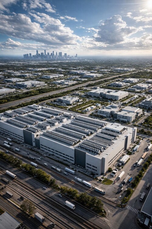 AI-generated aerial view of a data centre