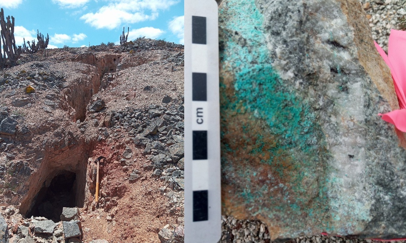 Figure 2. Left: Historical mine workings with kaolinite associated with quartz iron oxide veins | Right: Quartz chrysocolla veins hosted in diorite. (CNW Group/Super Copper Corp.) Figure 2. Left: Historical mine workings with kaolinite associated with quartz iron oxide veins | Right: Quartz chrysocolla veins hosted in diorite. (CNW Group/Super Copper Corp.)