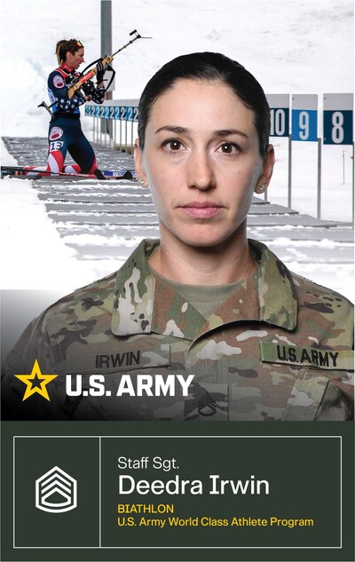 U.S. Army Soldier-athlete with the World Class Athlete Program (WCAP), Staff Sgt. Deedra Irwin (42A, Human Resources Specialist) is returning to the world stage after her historic 7th-place finish at the 2022 Games — the highest finish for an American athlete in this sport — with hopes of earning the first American medal for biathlon.