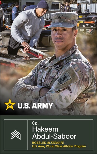 U.S. Army Soldier-athlete with the World Class Athlete Program (WCAP), Cpl. Hakeem Abdul-Saboor (68A, Biomedical Equipment Specialist) is an alternate for the bobsled team in the 2-man and 4-man events.