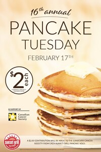 A $2 contribution will be made to the Canadian Cancer Society from each Sunset Grill pancake sold. (CNW Group/Sunset Grill Restaurants Ltd.)