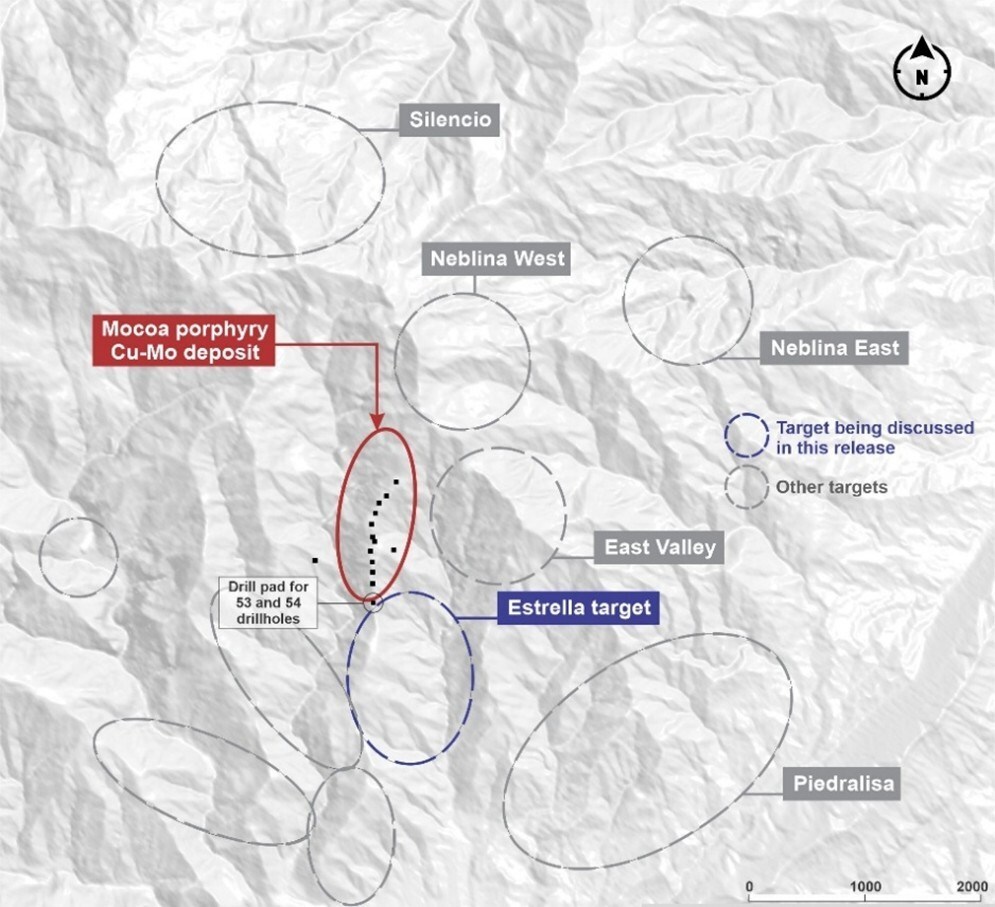 Figure 1. Plan view of the exploration targets and the Mocoa porphyry Cu-Mo deposit. *Black dotes denotes drill pads. (CNW Group/COPPER GIANT RESOURCES CORP.) Figure 1. Plan view of the exploration targets and the Mocoa porphyry Cu-Mo deposit. *Black dotes denotes drill pads. (CNW Group/COPPER GIANT RESOURCES CORP.)