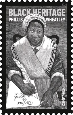 The stamp art features a black-and-white ink-on-paper portrait of Phillis Wheatley by Kerry James Marshall, who imagines her later in life, working on her second, unpublished book of poems.