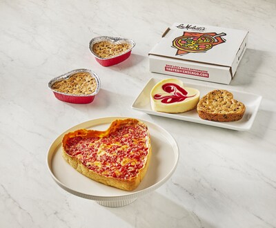 Lou Malnati's heart-shaped pizza displayed with Lou Malnati's heart-shaped cookies and Eli's heart-shaped cheesecake