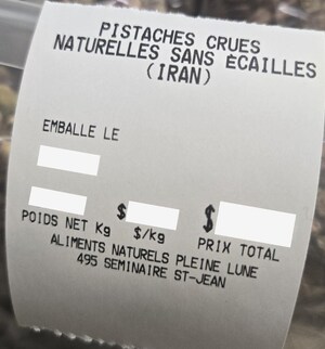 Mise en garde à la population - Avis de ne pas consommer de pistaches crues vendues par l'entreprise Les aliments naturels Pleine lune inc.