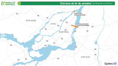 Entraves de fin de semaine, du 30 janvier au 2 février (Groupe CNW/Ministère des Transports et de la Mobilité durable) Entraves de fin de semaine, du 30 janvier au 2 février (Groupe CNW/Ministère des Transports et de la Mobilité durable)