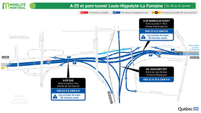 A-25, secteur Sherbrooke et Souligny, du 30 au 31 janvier (Groupe CNW/Ministère des Transports et de la Mobilité durable) A-25, secteur Sherbrooke et Souligny, du 30 au 31 janvier (Groupe CNW/Ministère des Transports et de la Mobilité durable)