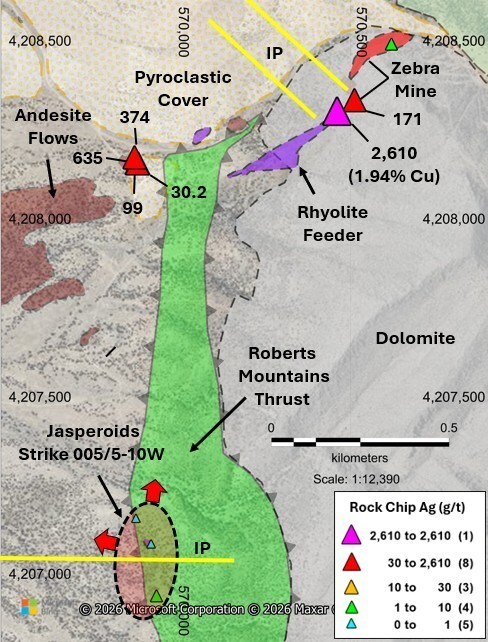 Figure 1 – West Reveille - Geological Interpretation and Recent Reconnaissance Rock Chip Sampling. (CNW Group/Black Mammoth Metals Corp) Figure 1 – West Reveille - Geological Interpretation and Recent Reconnaissance Rock Chip Sampling. (CNW Group/Black Mammoth Metals Corp)