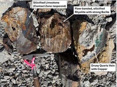 Figure 2 – High-Grade Silver Samples from Silicified Rhyolite and Limestone, as well as Quartz Veins with Copper from the Mine Waste Dump. (CNW Group/Black Mammoth Metals Corp)