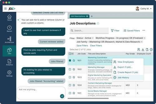 JXD+ allows you to architect your job framework, standardize templates, run approvals, answer questions with analytics, and use AI-always inside enterprise controls.
