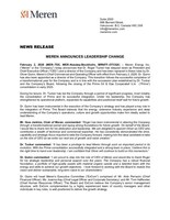 MEREN ANNOUNCES LEADERSHIP CHANGE