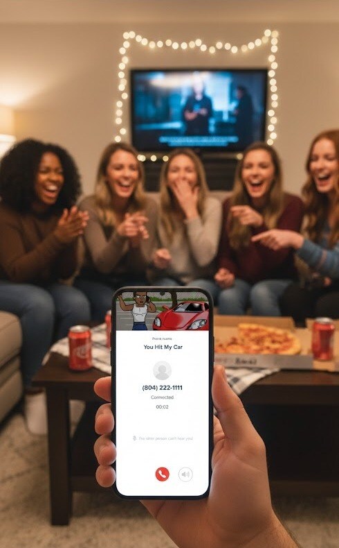 Friends gather around, laughing at a hyper-realistic prank call playing live on PrankCaller.io. This image captures the raw, shareable reactions enabled by Prank Caller.