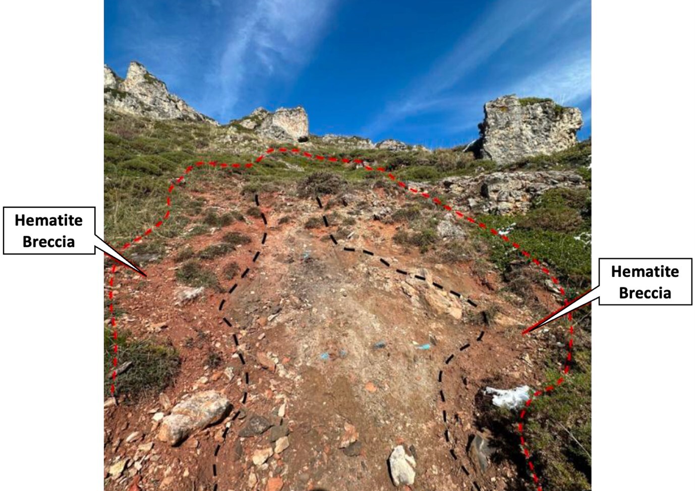 Figure 3 – Untested gold zone (looking north) averaging 1.74 g/t Au and 11.2 g/t Ag along a 20-meter surface trench (2); planned for drill testing in 2026 (CNW Group/Pan Global Resources Inc.)